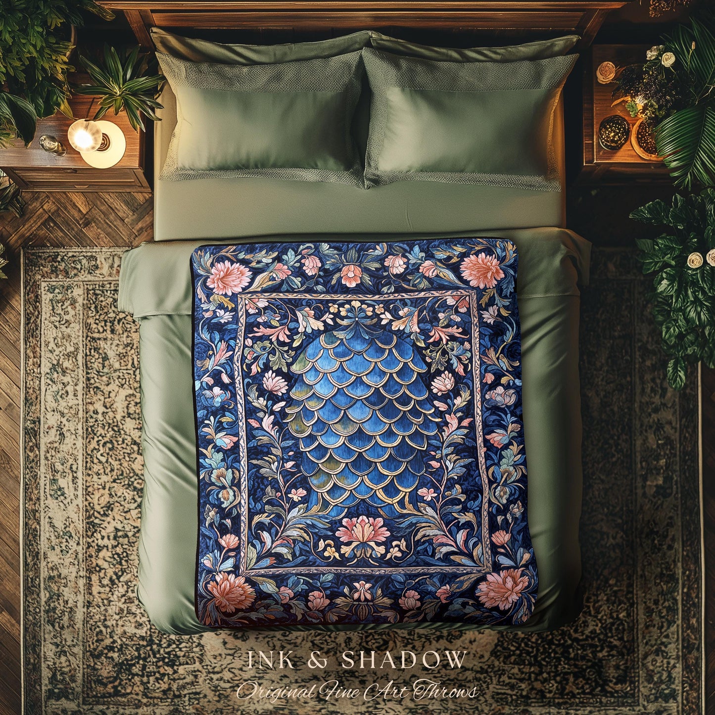 Mystic Academia Dragon Scale Throw Blanket | Whimsigothic Elegance Ornate Baroque Navy Blue Tapestry Woven Fairytale Floral Home Decor Goth