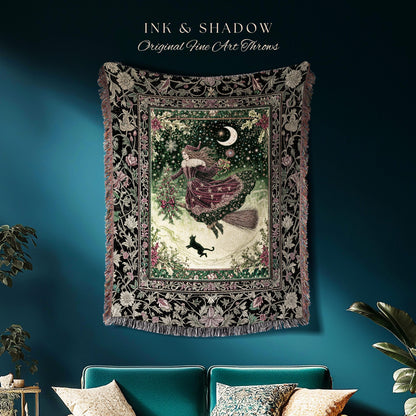 Snowy Magic Celestial Witch Blanket | Gothic Magic Black Cat Woven Tapestry Broomstick Ride Moon Stars Botanical Frame Mystical Folklore Art