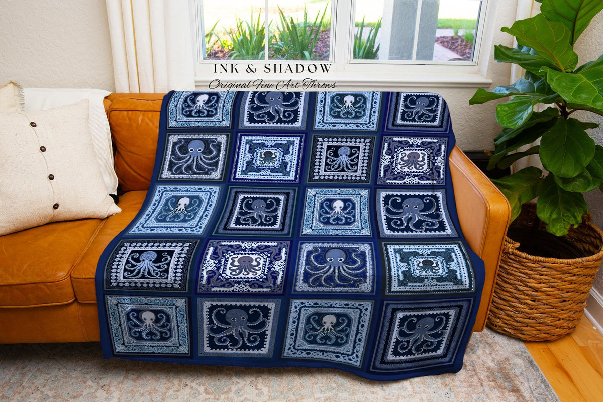 Costal Folklore Sea Life Blanket | Woven Wall Tapestry Beachy Aesthetic Navy Blue Home Decor Sea Creatures Underwater Indie Home Accent |