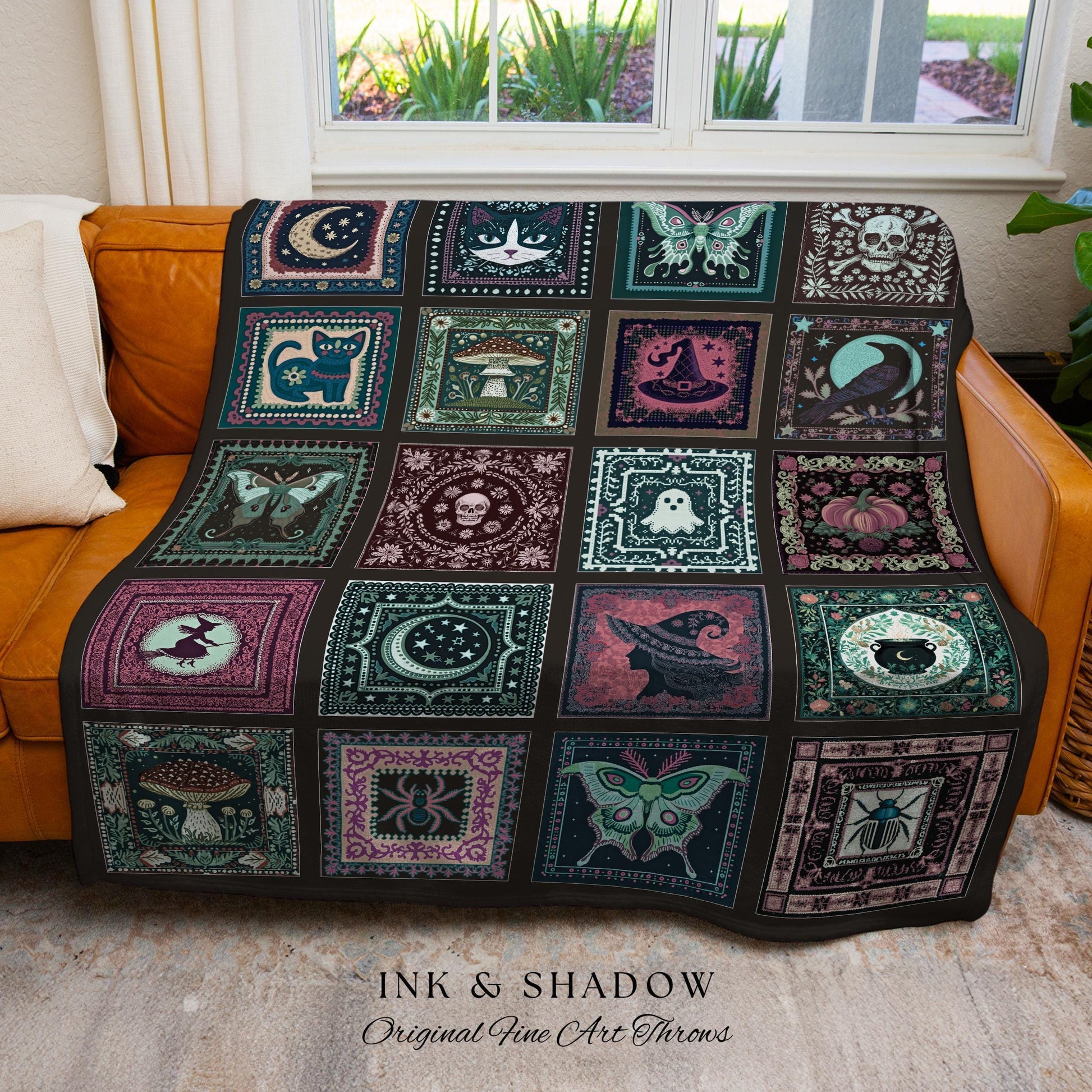 Mystic Maximalist Dark Gothic Throw Blanket | Whimsical Woven Tapestry Spooky Halloween Dark Academia Grunge Fairycore Cute Witch Aesthetic