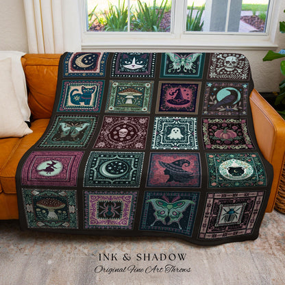 Mystic Maximalist Dark Gothic Throw Blanket | Whimsical Woven Tapestry Spooky Halloween Dark Academia Grunge Fairycore Cute Witch Aesthetic