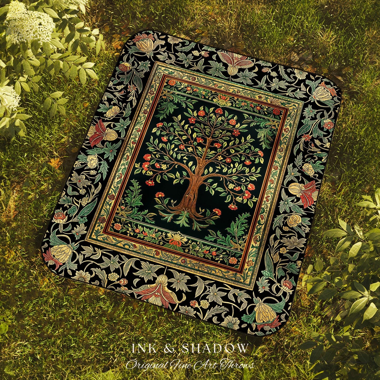 Medieval Folk Art Dark Floral Tapestry Tree Blanket Jacquard Woven Coverlet