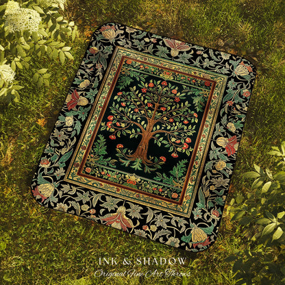 Medieval Folk Art Dark Floral Tapestry Tree Blanket Jacquard Woven Coverlet