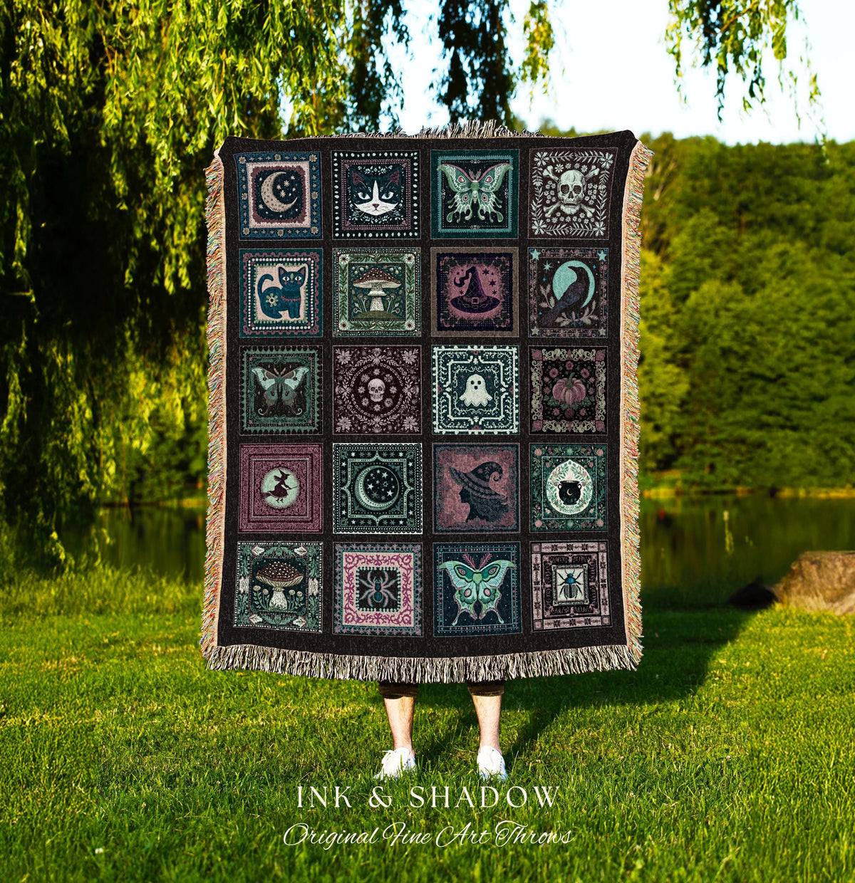 Mystic Maximalist Dark Gothic Throw Blanket | Whimsical Woven Tapestry Spooky Halloween Dark Academia Grunge Fairycore Cute Witch Aesthetic