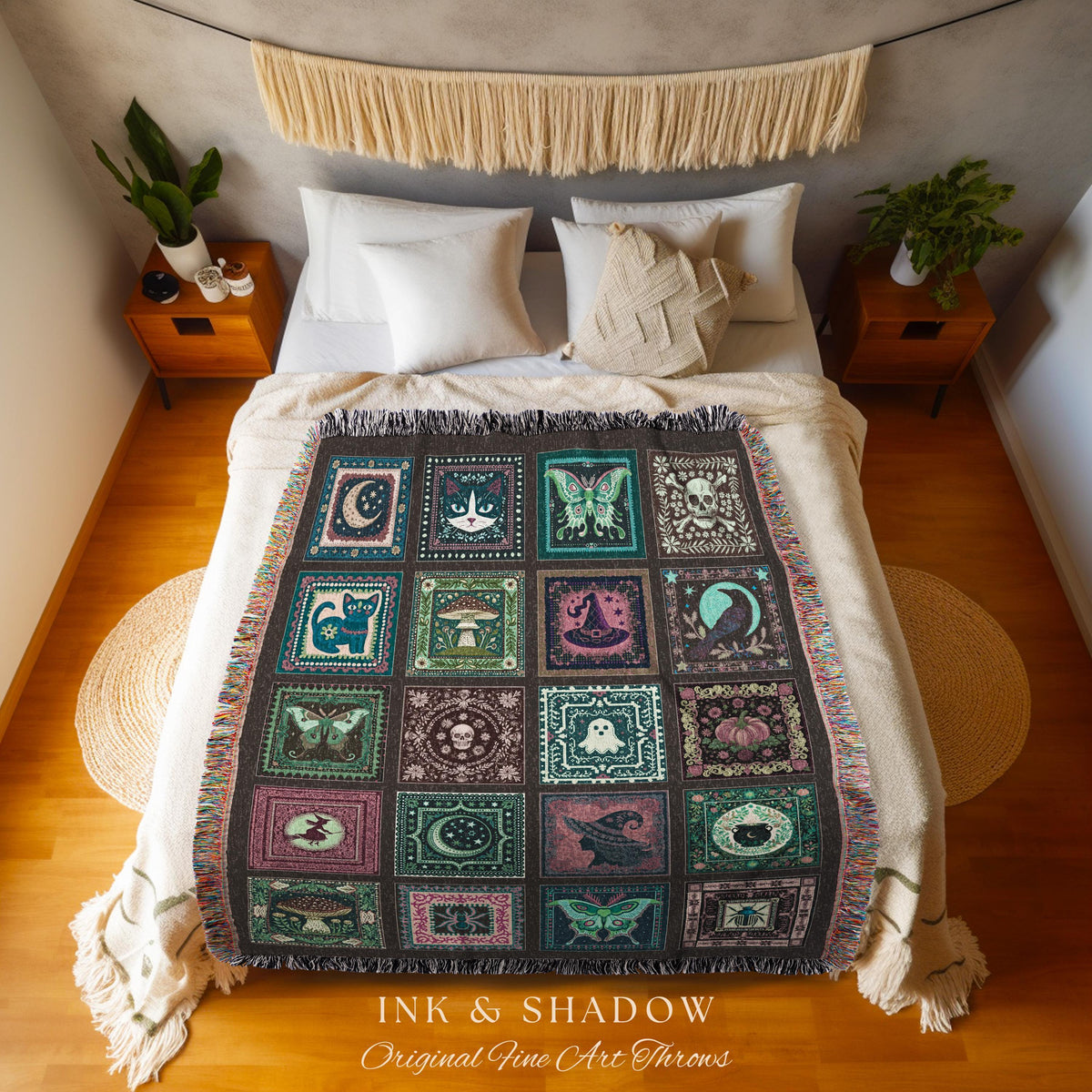 Mystic Maximalist Dark Gothic Throw Blanket | Whimsical Woven Tapestry Spooky Halloween Dark Academia Grunge Fairycore Cute Witch Aesthetic