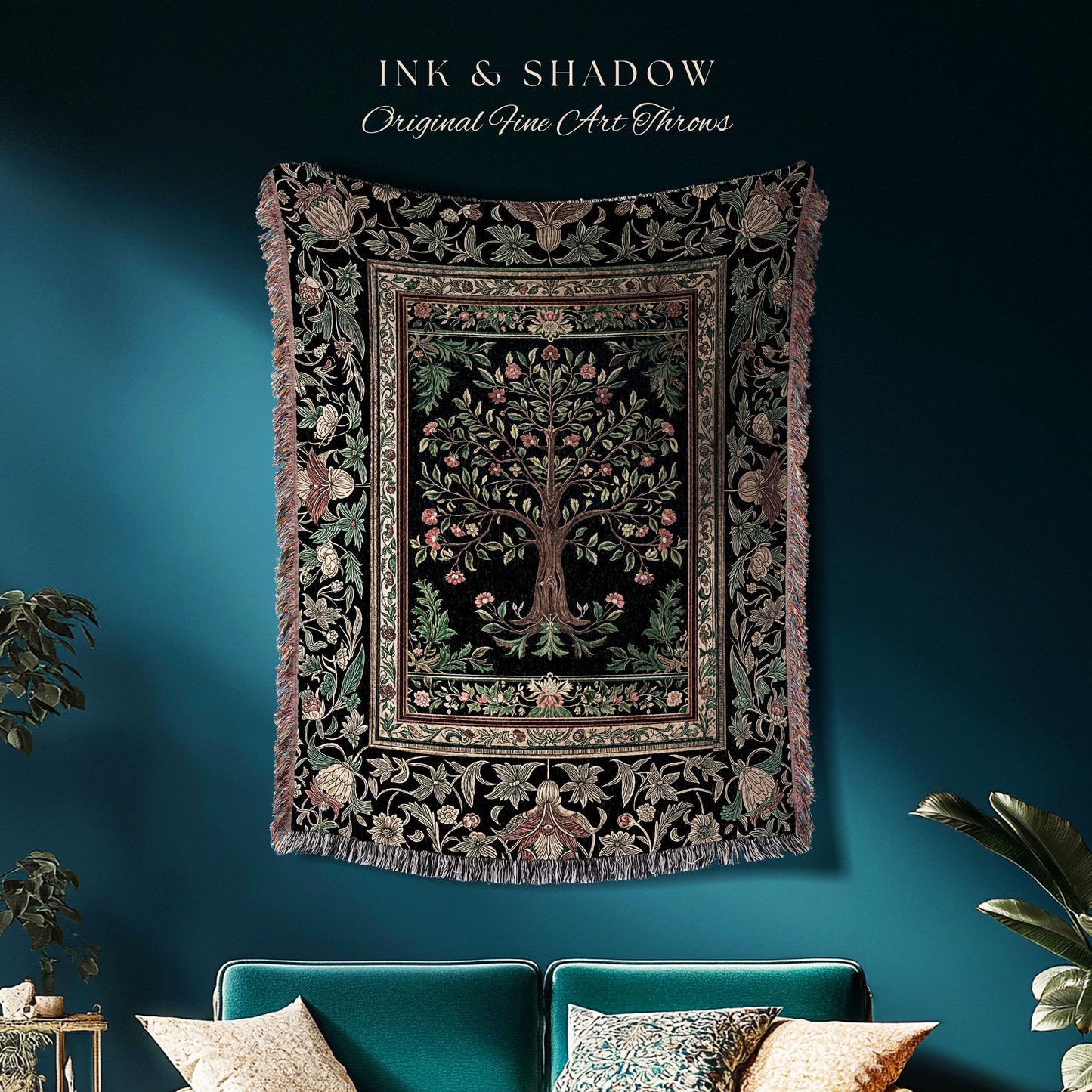 Medieval Folk Art Dark Floral Tapestry Tree Blanket Jacquard Woven Coverlet