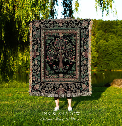 Medieval Folk Art Dark Floral Tapestry Tree Blanket Jacquard Woven Coverlet