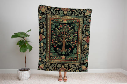 Medieval Folk Art Dark Floral Tapestry Tree Blanket Jacquard Woven Coverlet