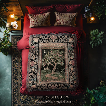 Moonlit Magic Whimsical Tree Blanket | Celestial Forest Midnight Aesthetic Folklore Fairy Tale Decor Medieval Style Woven Tapestry Throw |