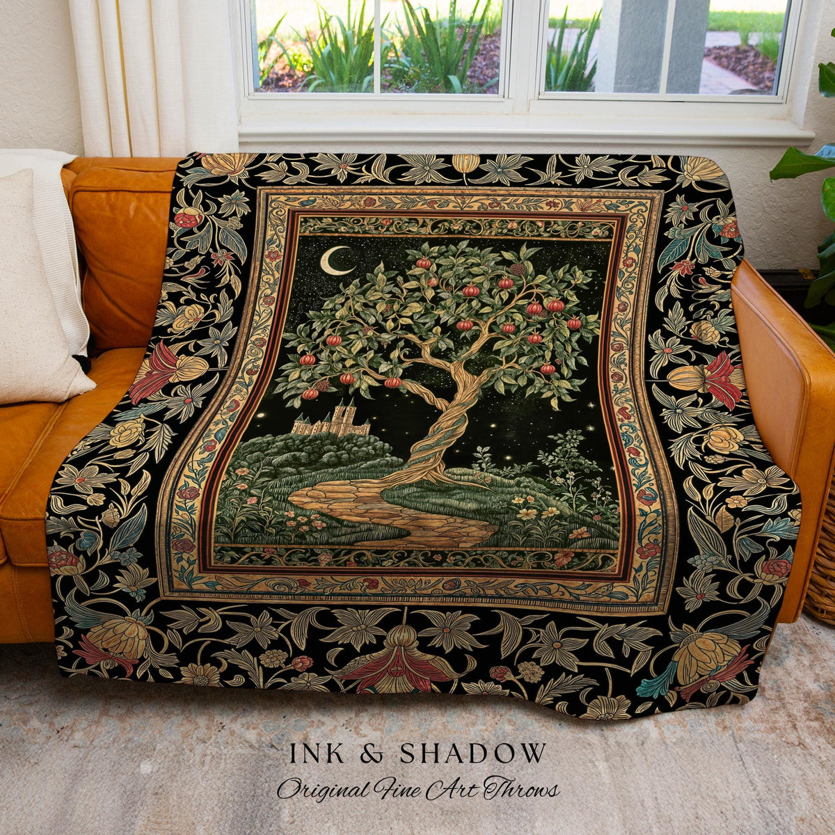 Moonlit Magic Whimsical Tree Blanket | Celestial Forest Midnight Aesthetic Folklore Fairy Tale Decor Medieval Style Woven Tapestry Throw |