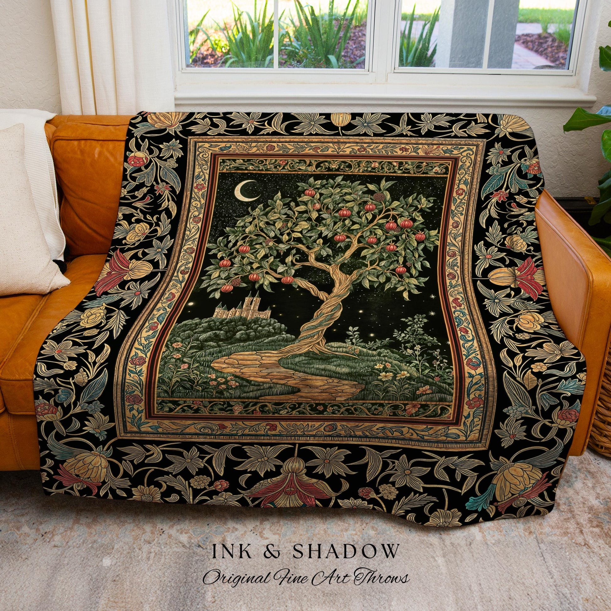 Moonlit Magic Whimsical Tree Blanket | Celestial Forest Midnight Aesthetic Folklore Fairy Tale Decor Medieval Style Woven Tapestry Throw |