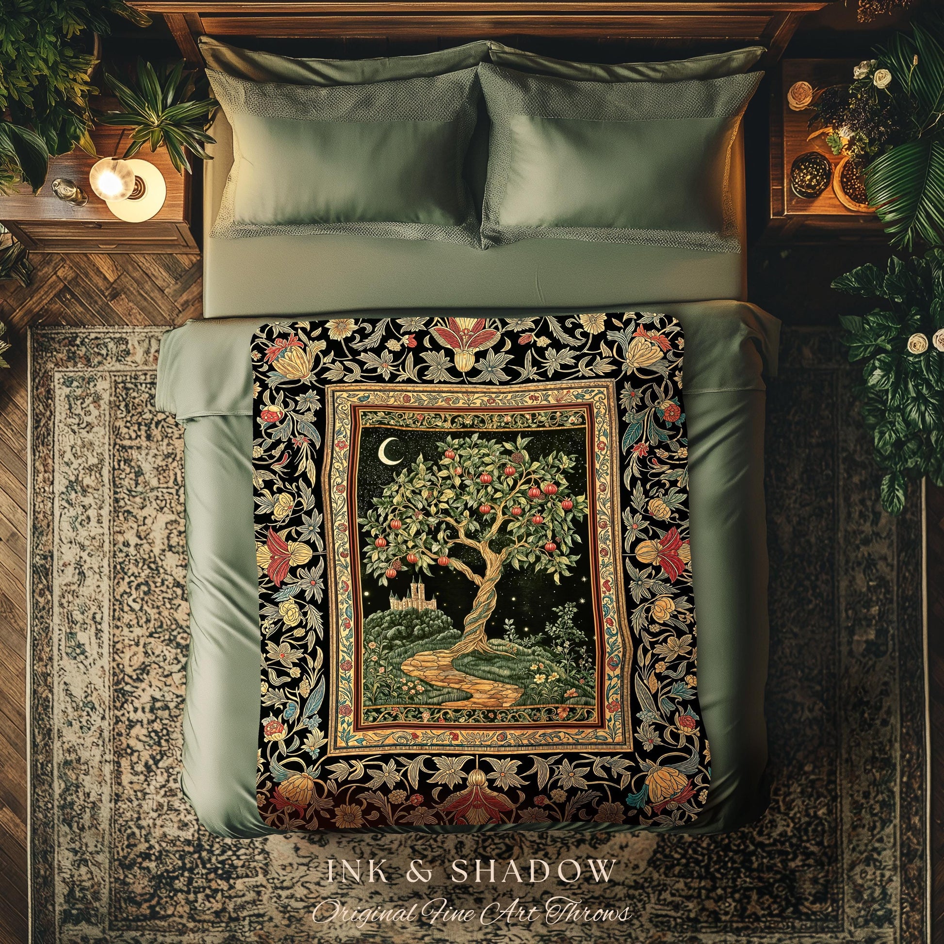 Moonlit Magic Whimsical Tree Blanket | Celestial Forest Midnight Aesthetic Folklore Fairy Tale Decor Medieval Style Woven Tapestry Throw |