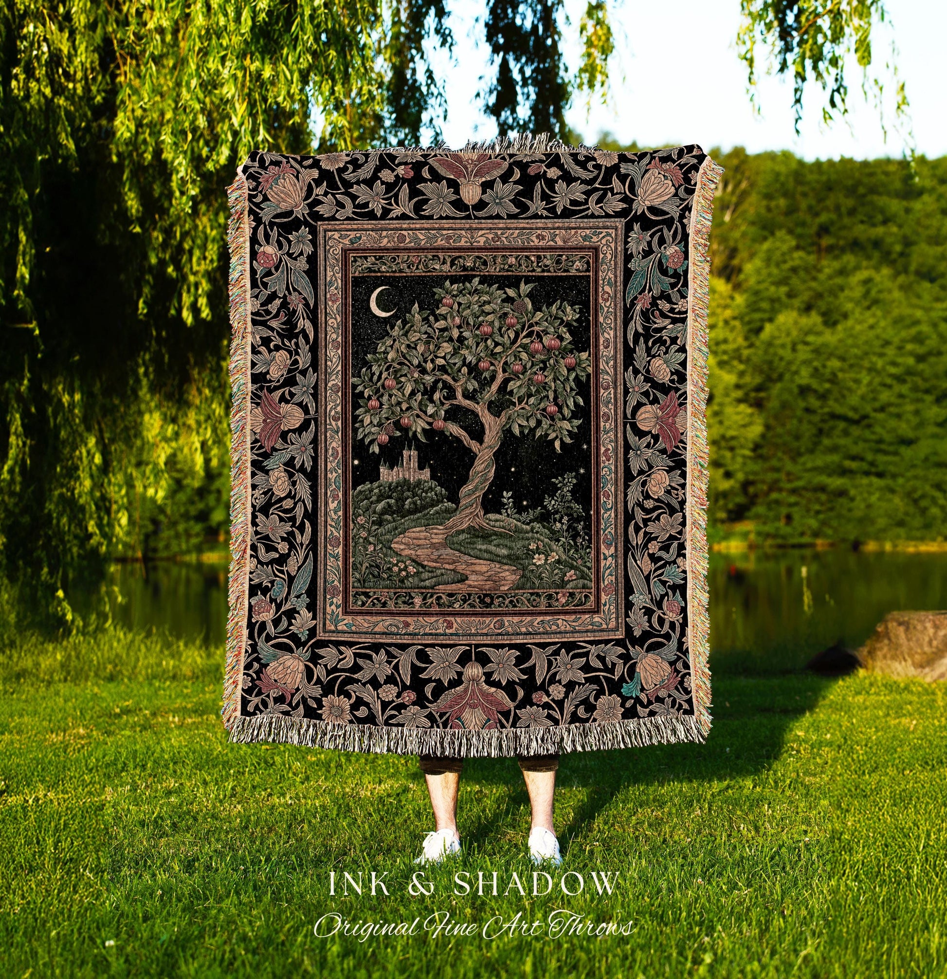 Moonlit Magic Whimsical Tree Blanket | Celestial Forest Midnight Aesthetic Folklore Fairy Tale Decor Medieval Style Woven Tapestry Throw |