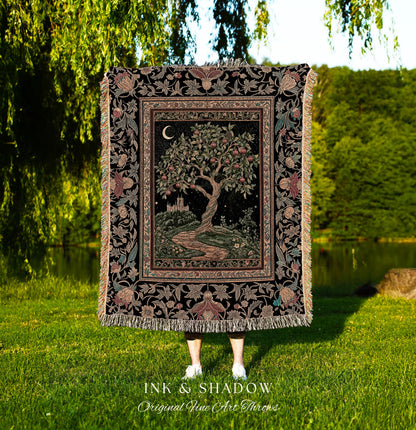 Moonlit Magic Whimsical Tree Blanket | Celestial Forest Midnight Aesthetic Folklore Fairy Tale Decor Medieval Style Woven Tapestry Throw |