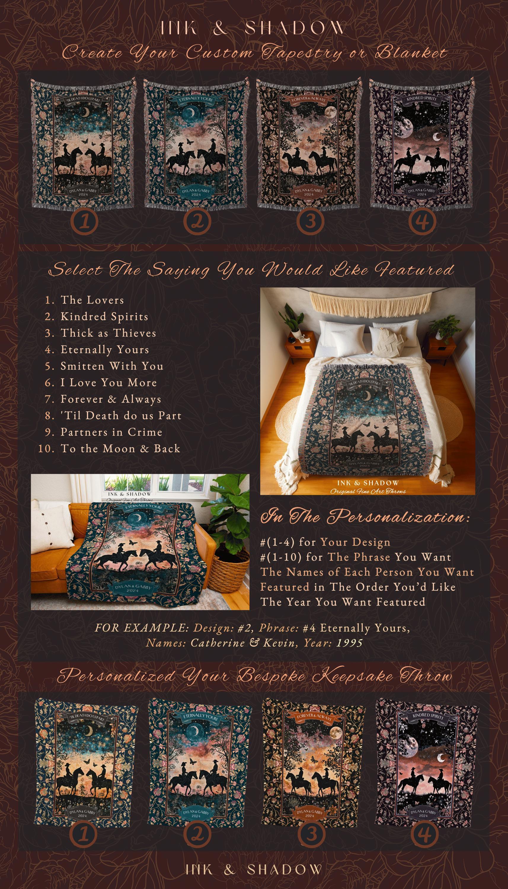 Romantic Moonlit Couple Western Whimsy Anniversary Tapestry Throw | Celestial Cowboy Cowgirl Midnight Silhouette Art Wedding Woven Blanket