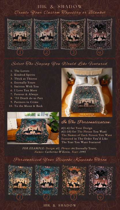 Romantic Moonlit Couple Western Whimsy Anniversary Tapestry Throw | Celestial Cowboy Cowgirl Midnight Silhouette Art Wedding Woven Blanket