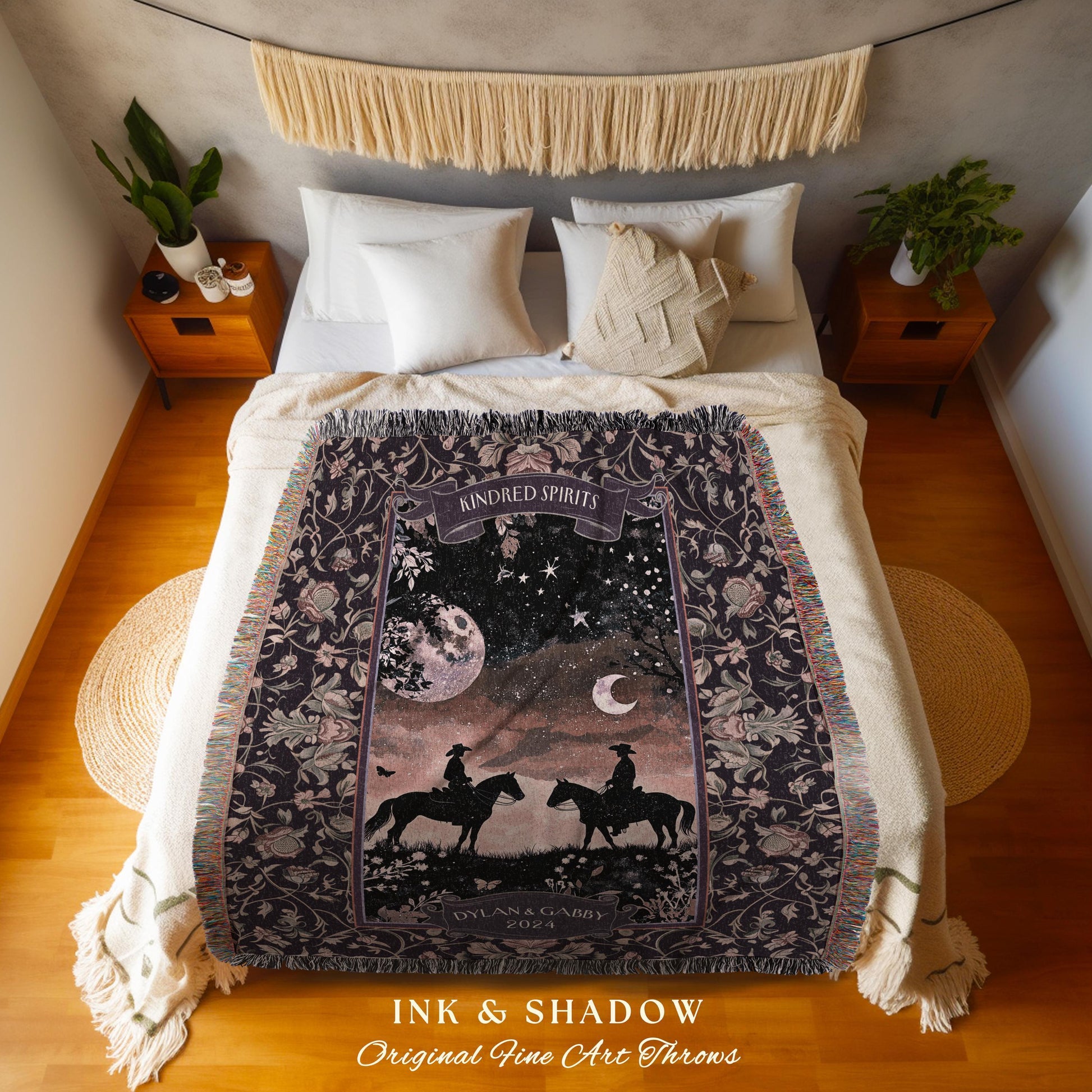 Romantic Moonlit Couple Western Whimsy Anniversary Tapestry Throw | Celestial Cowboy Cowgirl Midnight Silhouette Art Wedding Woven Blanket