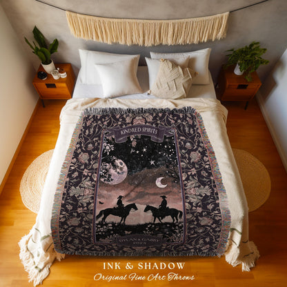 Romantic Moonlit Couple Western Whimsy Anniversary Tapestry Throw | Celestial Cowboy Cowgirl Midnight Silhouette Art Wedding Woven Blanket
