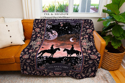 Romantic Moonlit Couple Western Whimsy Anniversary Tapestry Throw | Celestial Cowboy Cowgirl Midnight Silhouette Art Wedding Woven Blanket