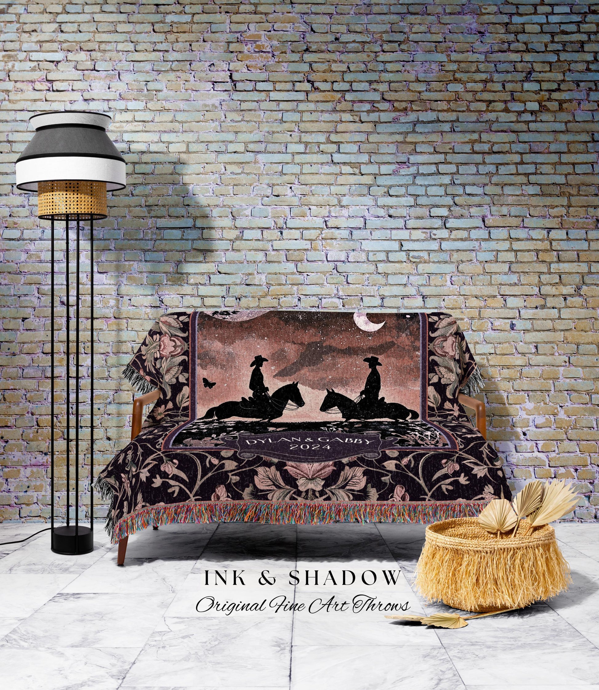 Romantic Moonlit Couple Western Whimsy Anniversary Tapestry Throw | Celestial Cowboy Cowgirl Midnight Silhouette Art Wedding Woven Blanket