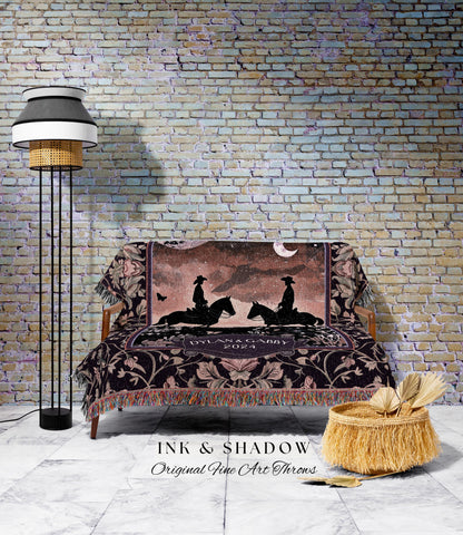 Romantic Moonlit Couple Western Whimsy Anniversary Tapestry Throw | Celestial Cowboy Cowgirl Midnight Silhouette Art Wedding Woven Blanket