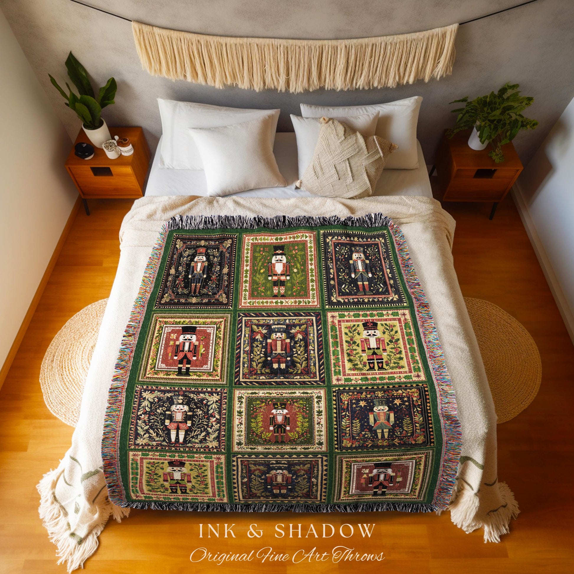 Nostalgic Nutcracker Cozy Throw Blanket | Cozy Winter Farmhouse Home Decor Scandinavian Aesthetic Hygge Boho Woven Tapestry Muted Festive |