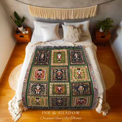 Nostalgic Nutcracker Cozy Throw Blanket | Cozy Winter Farmhouse Home Decor Scandinavian Aesthetic Hygge Boho Woven Tapestry Muted Festive |