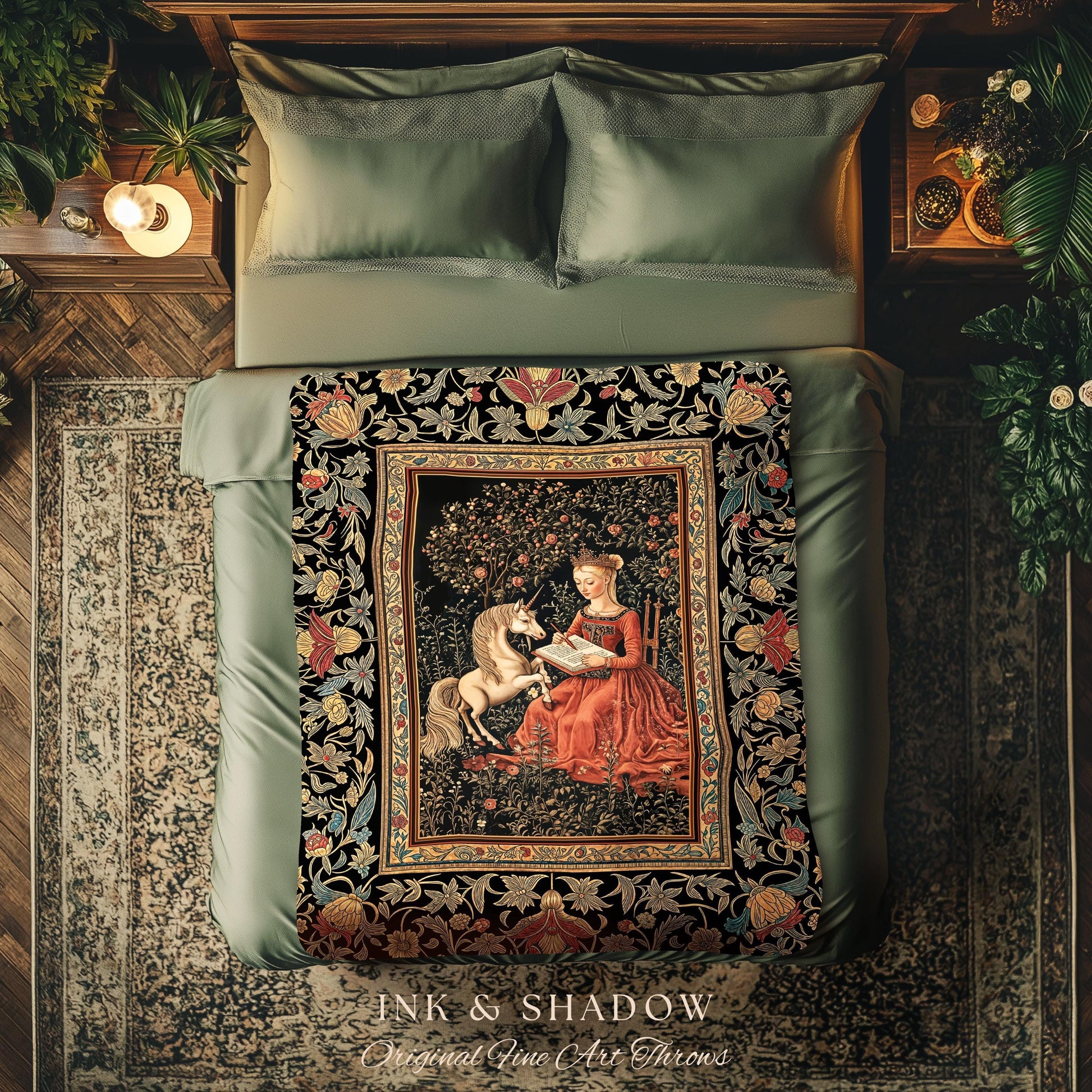 Victorian Storybook Floral Woven Blanket | Mystical Renaissance Fairytale Wall Tapestry Dark Cottagecore Ethereal Bedroom Royalcore Decor |