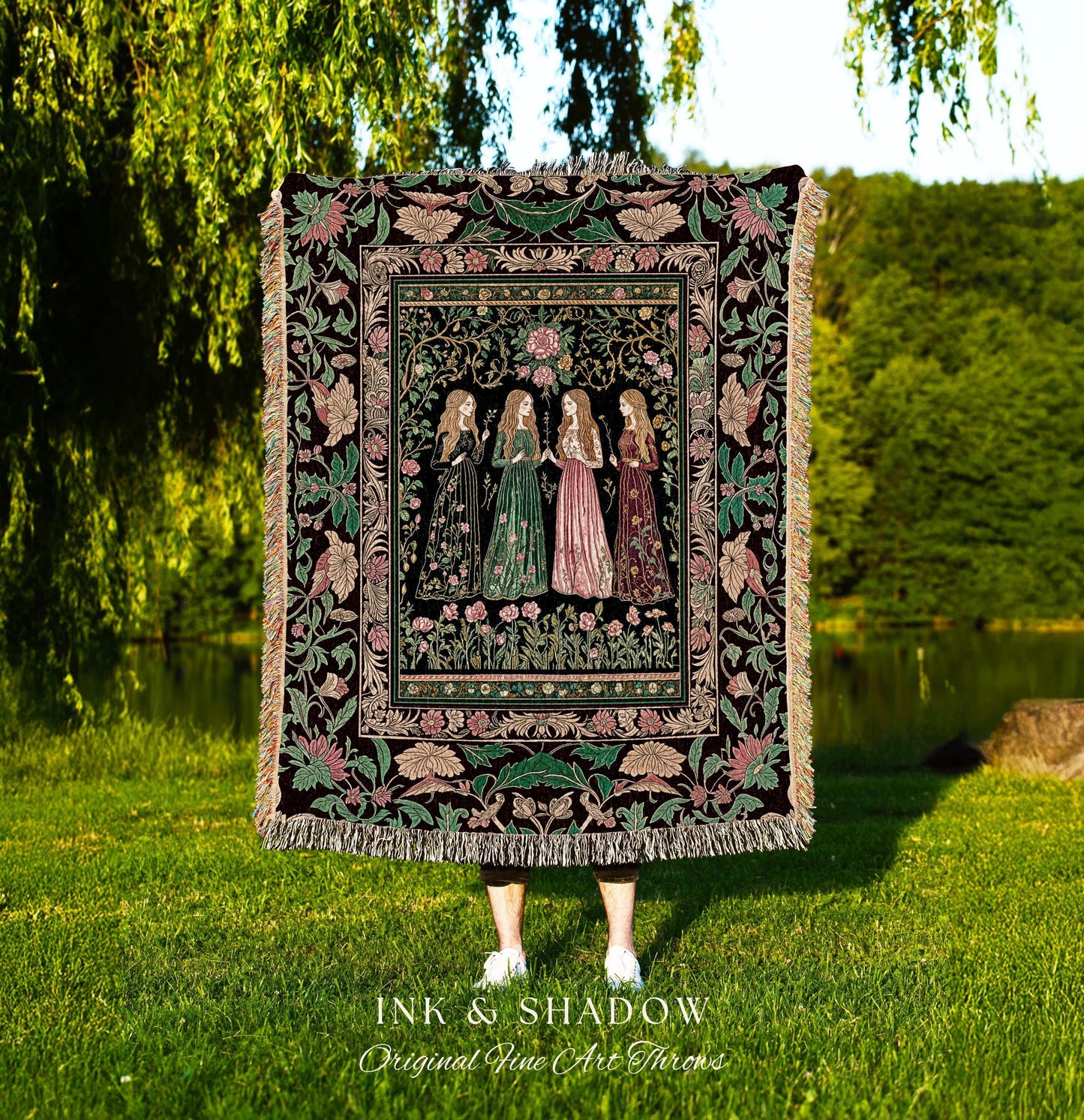 Renaissance Witch Coven Throw Blanket | Whimsical Folklore Enchanted Floral Woven Wall Tapestry Spellbound Gothic Art Mystic Fairytale Decor