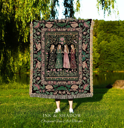Renaissance Witch Coven Throw Blanket | Whimsical Folklore Enchanted Floral Woven Wall Tapestry Spellbound Gothic Art Mystic Fairytale Decor