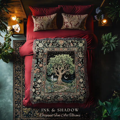 Fairytale Castle Tree of Life Throw Blanket | Celestial Forest Landscape Starry Sky Witchy Aesthetic Mystical Cottagecore Woven Tapestry |