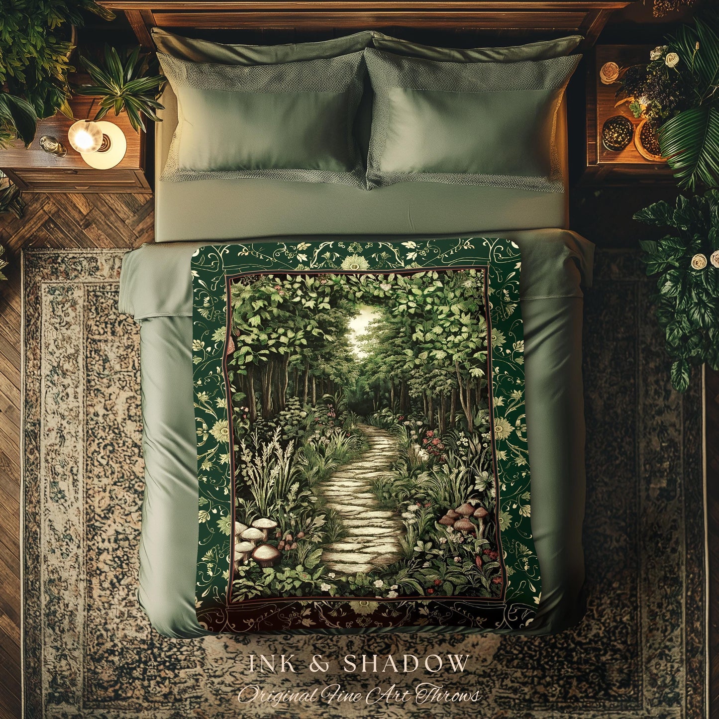 Ethereal Woodland Meadow Tapestry | Dark Academia Folklore Fairy Core Aesthetic Blanket Magical Bedroom Emerald Green Home Decor Botanical