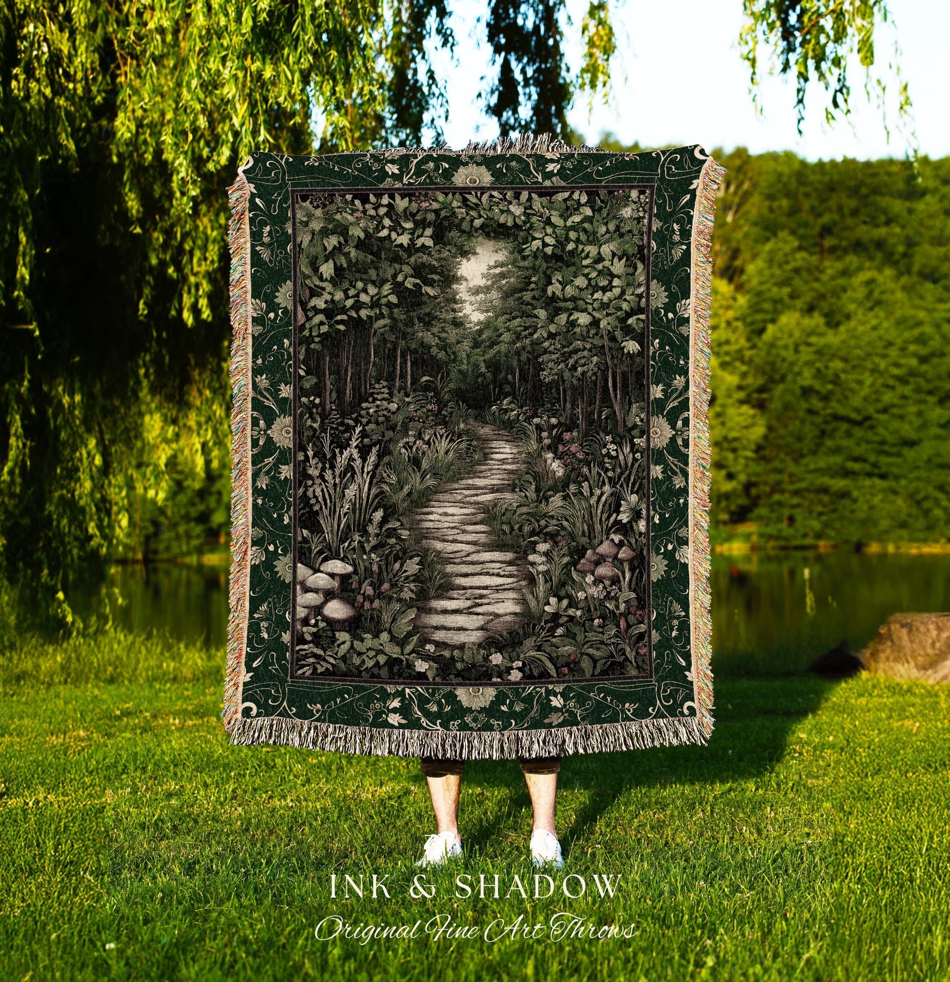 Ethereal Woodland Meadow Tapestry | Dark Academia Folklore Fairy Core Aesthetic Blanket Magical Bedroom Emerald Green Home Decor Botanical