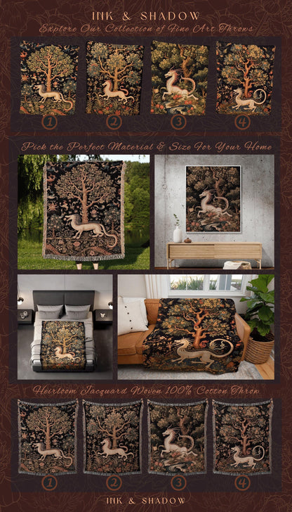 Medieval Dragon Blanket Woven | Crowcore Tapestry Cottagecore Room Decor Dark Academia Aesthetic Gothic Maximalist Gift For Goths Throw |