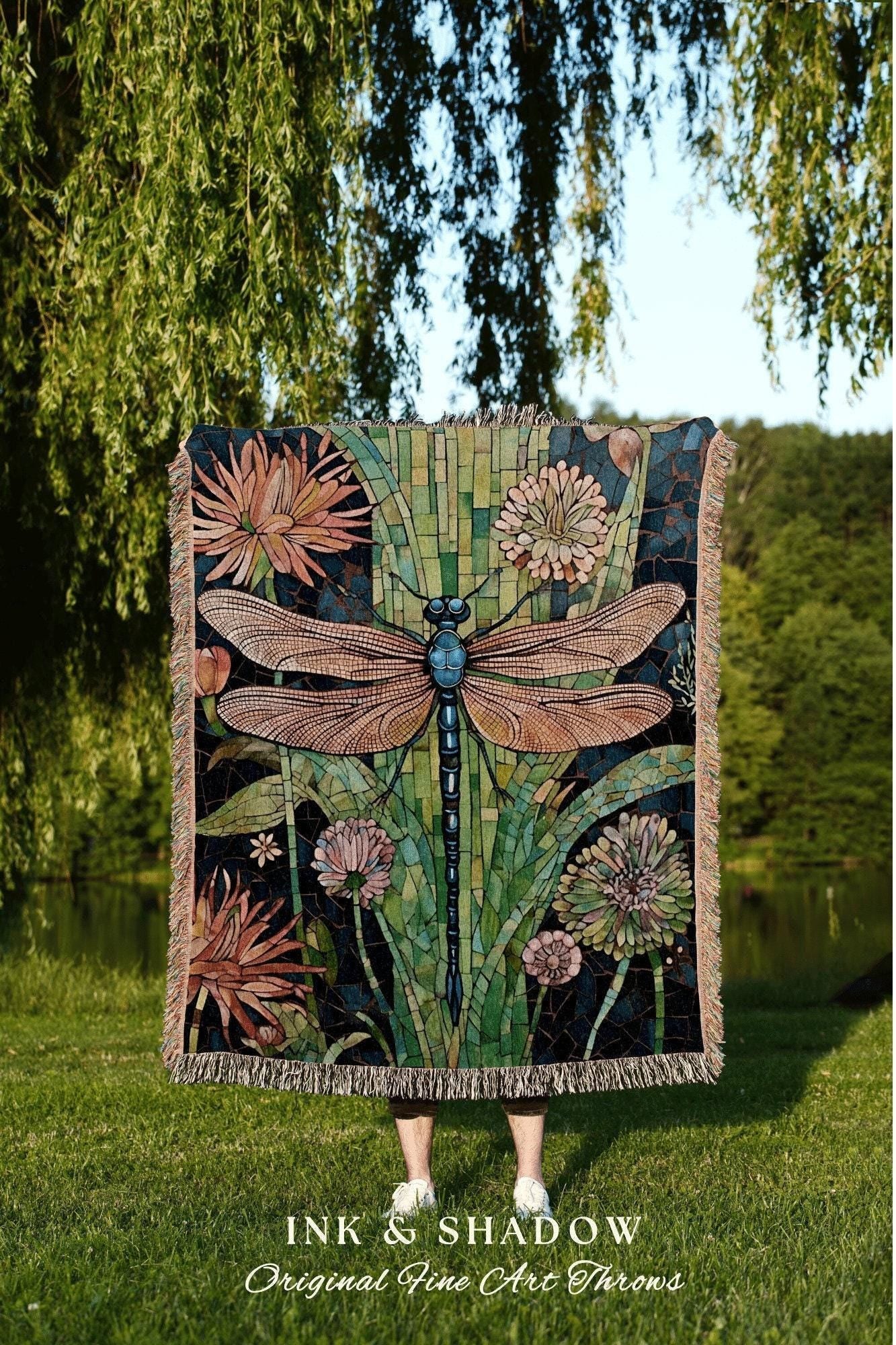 Dragonfly Blanket Whimsical Throw | Dragon Fly Woven Tapestry Fairycore Gift for Her Stained Glass Aesthetic Woodland Gothic Room Decor |