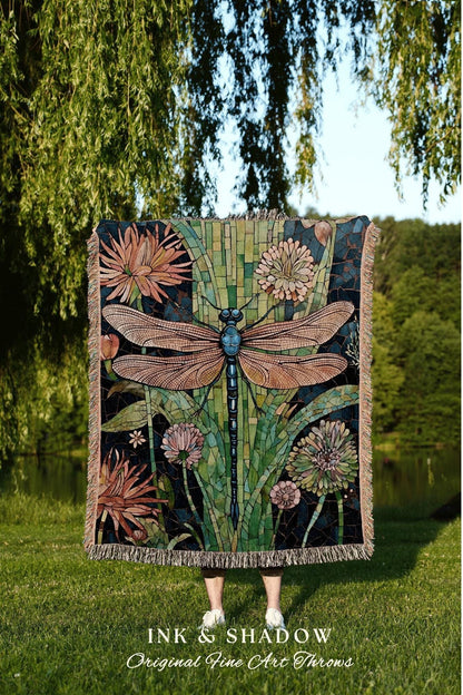 Dragonfly Blanket Whimsical Throw | Dragon Fly Woven Tapestry Fairycore Gift for Her Stained Glass Aesthetic Woodland Gothic Room Decor |