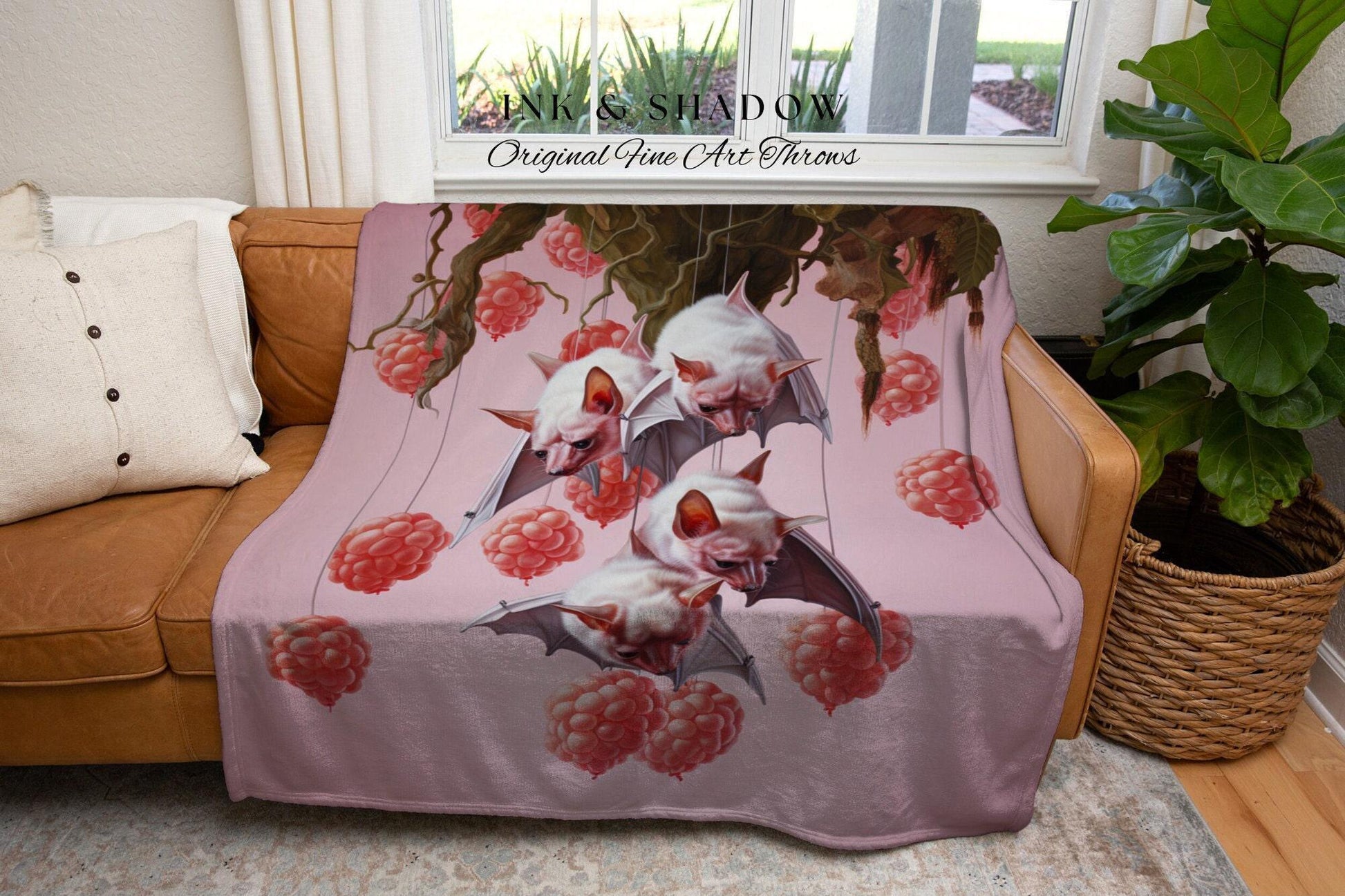Berry Pink Bat Blanket Woven Throw Dark Cottagecore Decor | Goth Tapestry Vintage Fruit Bat Painting Dark Botanical Woven Wall Art Whimsical