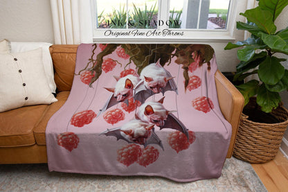 Berry Pink Bat Blanket Woven Throw Dark Cottagecore Decor | Goth Tapestry Vintage Fruit Bat Painting Dark Botanical Woven Wall Art Whimsical