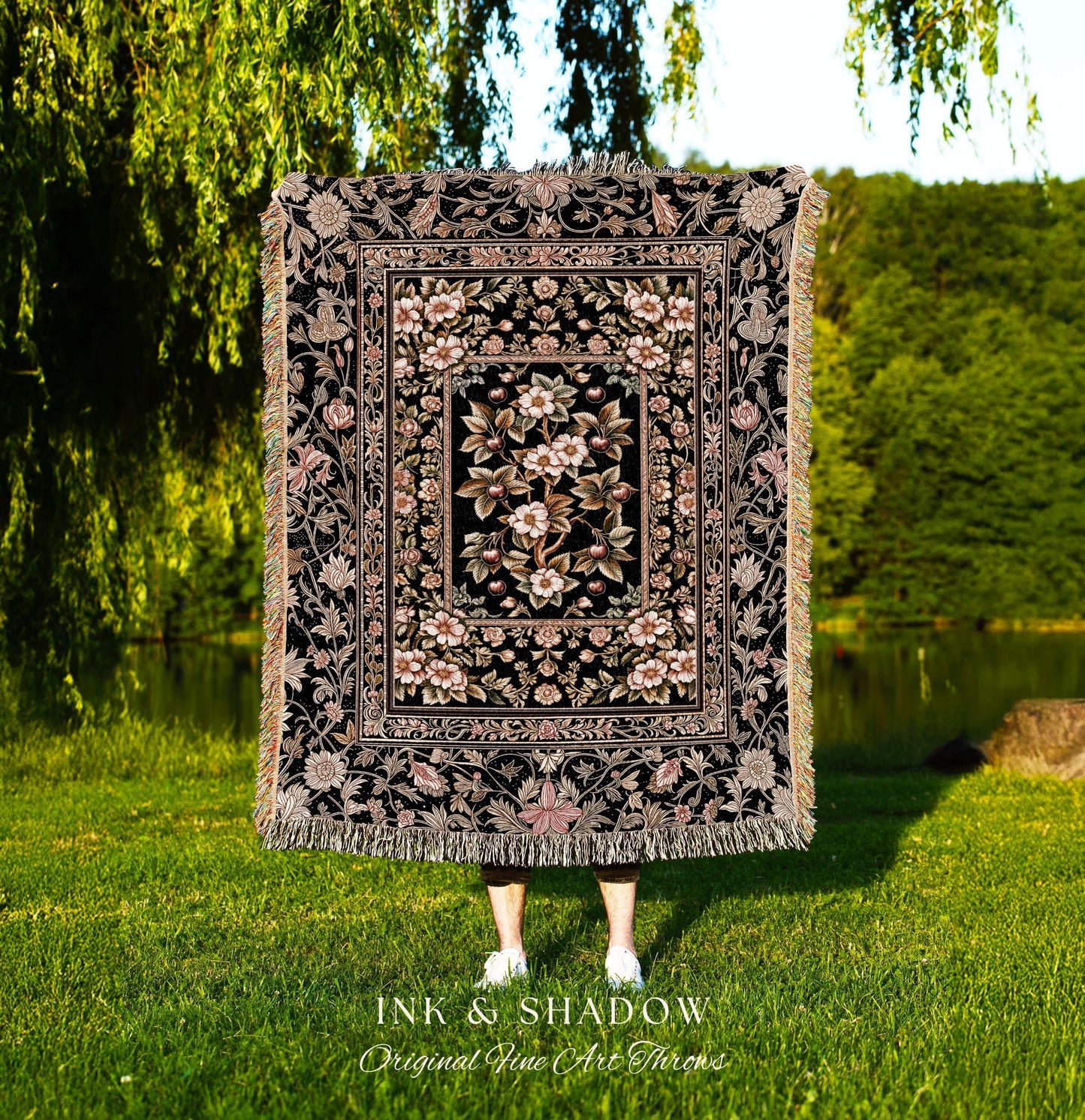 Maximalist Cherry Blossom Woven Tapestry | Moody Gothic Garden Decor Romantic Floral Fruit Throw Blanket Victorian Style Botanical Home Boho