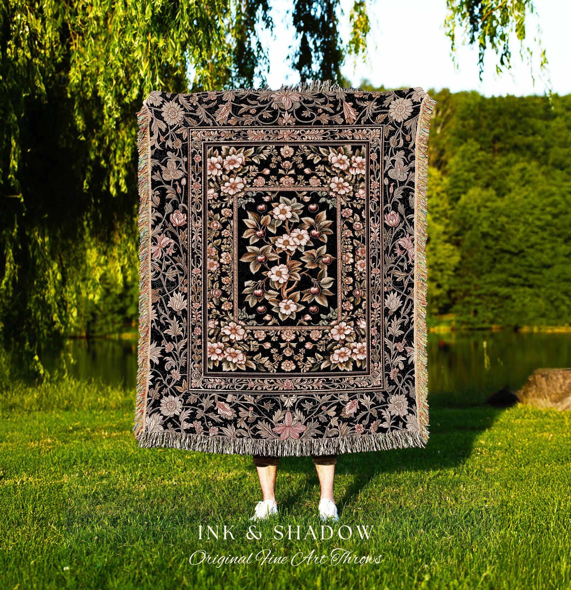Maximalist Cherry Blossom Woven Tapestry | Moody Gothic Garden Decor Romantic Floral Fruit Throw Blanket Victorian Style Botanical Home Boho