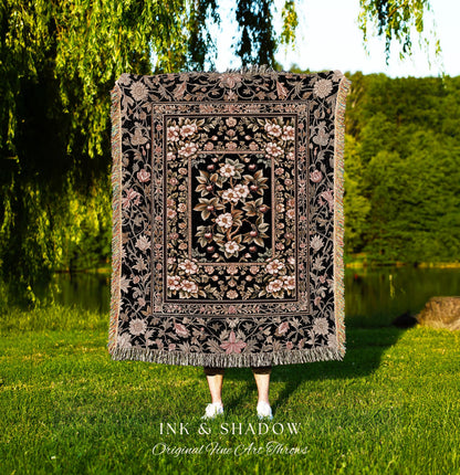 Maximalist Cherry Blossom Woven Tapestry | Moody Gothic Garden Decor Romantic Floral Fruit Throw Blanket Victorian Style Botanical Home Boho