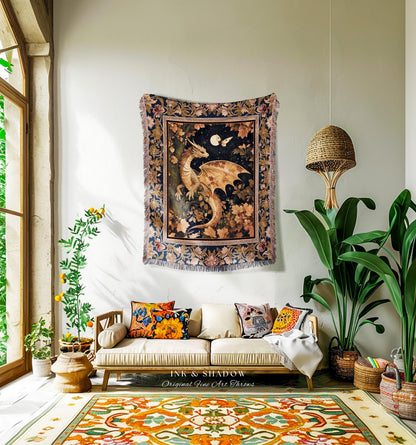 Ethereal Dragon Tapestry Throw Antique Mystical Moonlit Forest Fairytale Decor | Enchanted Fairycore Celestial Night Art Fantasy Decor |