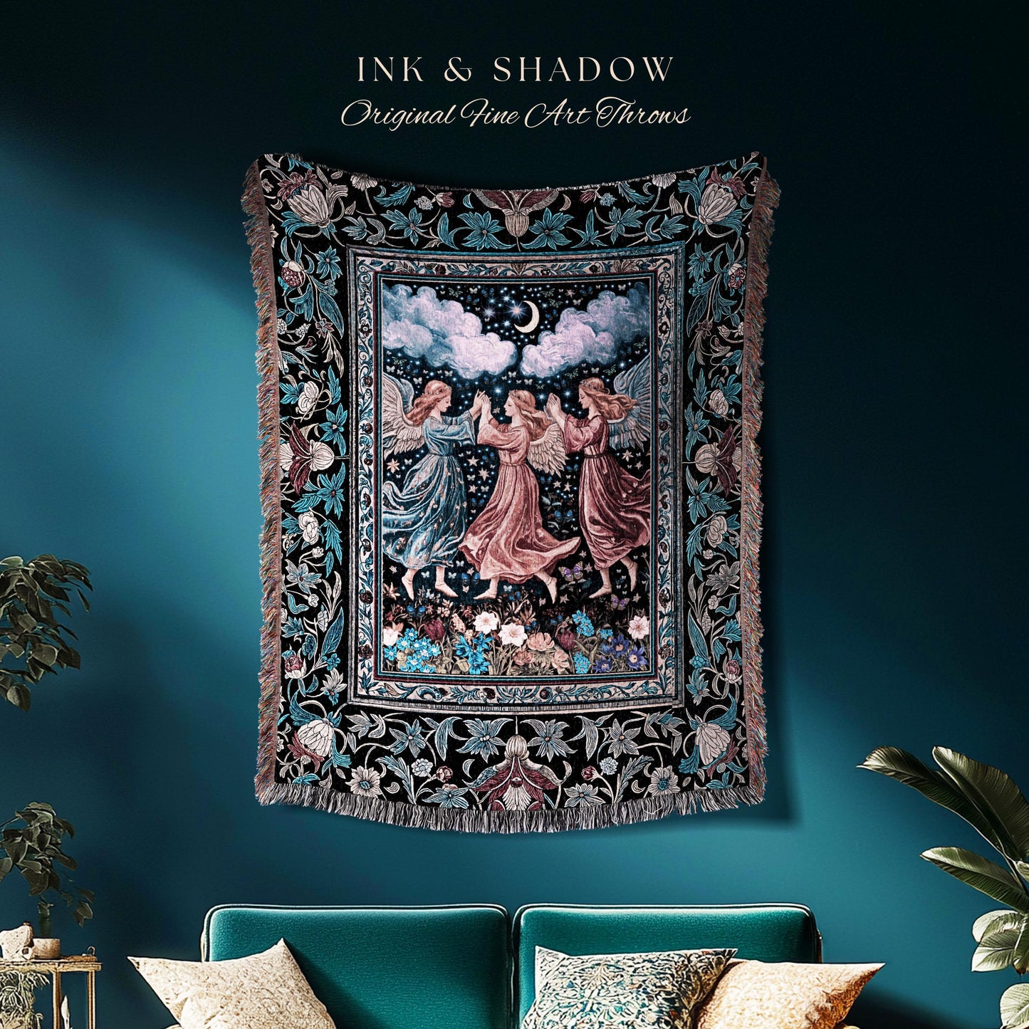 Celestial Angel Fairies Woven Throw | Witchy Fairycore Dreamy Aesthetic Woodland Folklore Wall Tapestry Mystic Cottagecore Fairies Ethereal