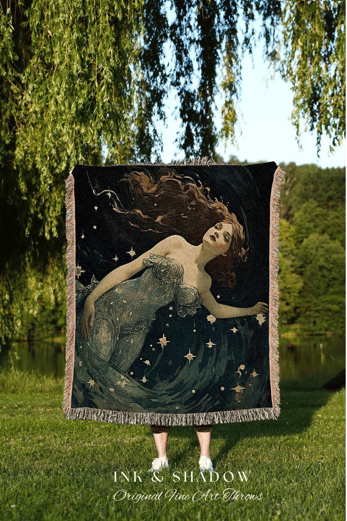Vintage Fairy Celestial Blanket | Fairy Aesthetic Celestial Wall Art Cottagecore Decor Art Nouveau Tapestry Woven Blanket Fairycore Decor |