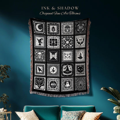 Macabre Witchy Woodland Gothic Woven Throw | Cozy Halloween Checkered Patchwork Tapestry Blanket Spooky Greyscale Mystical Witchcore Decor