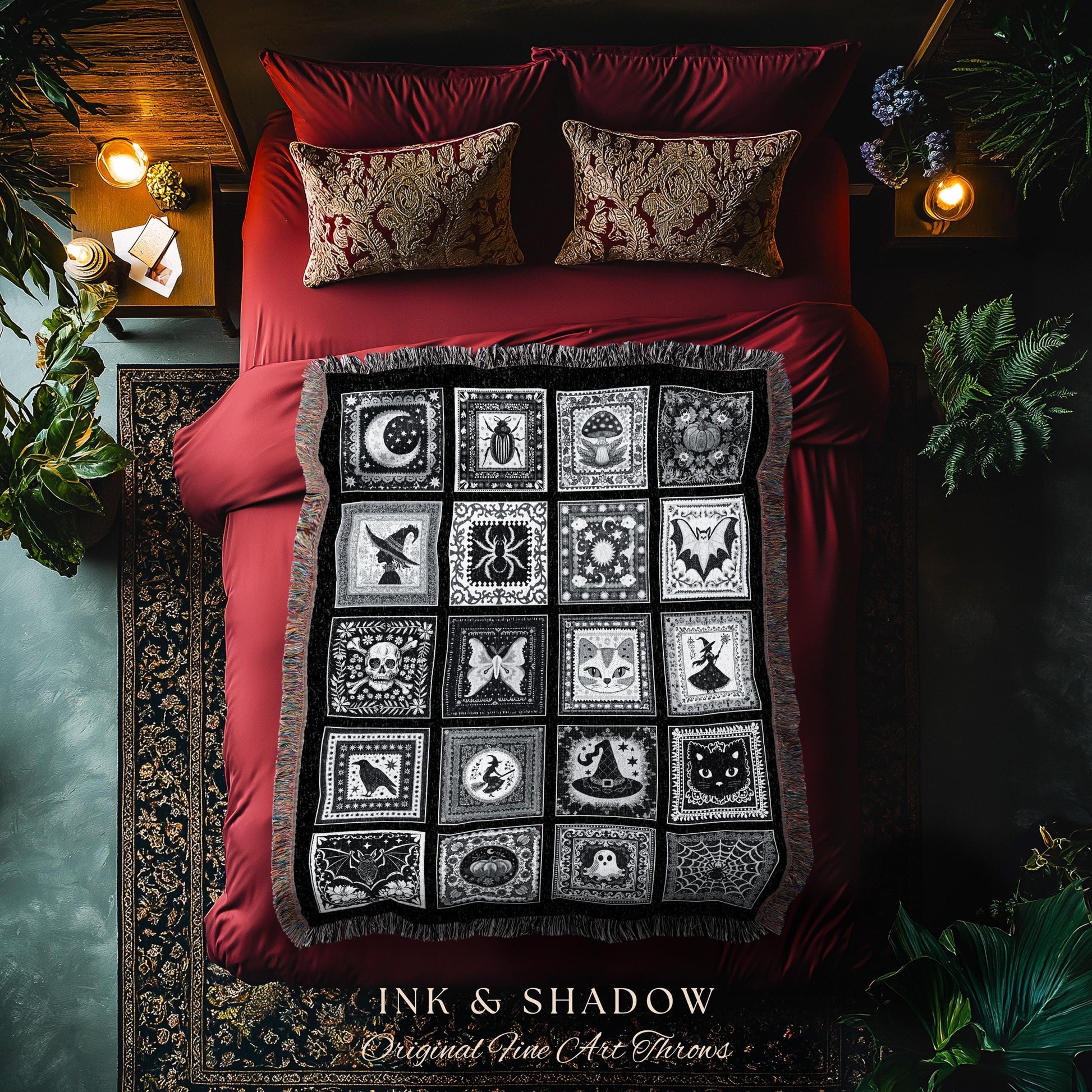 Macabre Witchy Woodland Gothic Woven Throw | Cozy Halloween Checkered Patchwork Tapestry Blanket Spooky Greyscale Mystical Witchcore Decor