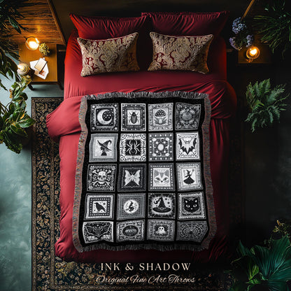 Macabre Witchy Woodland Gothic Woven Throw | Cozy Halloween Checkered Patchwork Tapestry Blanket Spooky Greyscale Mystical Witchcore Decor
