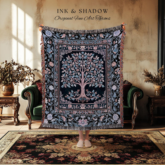 Whimsical Lavender Tree of Life Throw Blanket Woven Cotton Wall Tapestry