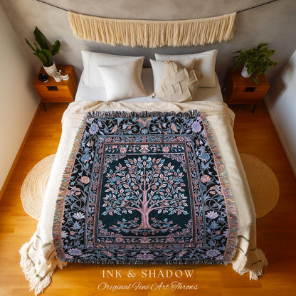 Whimsical Lavender Tree of Life Throw Blanket Woven Cotton Wall Tapestry