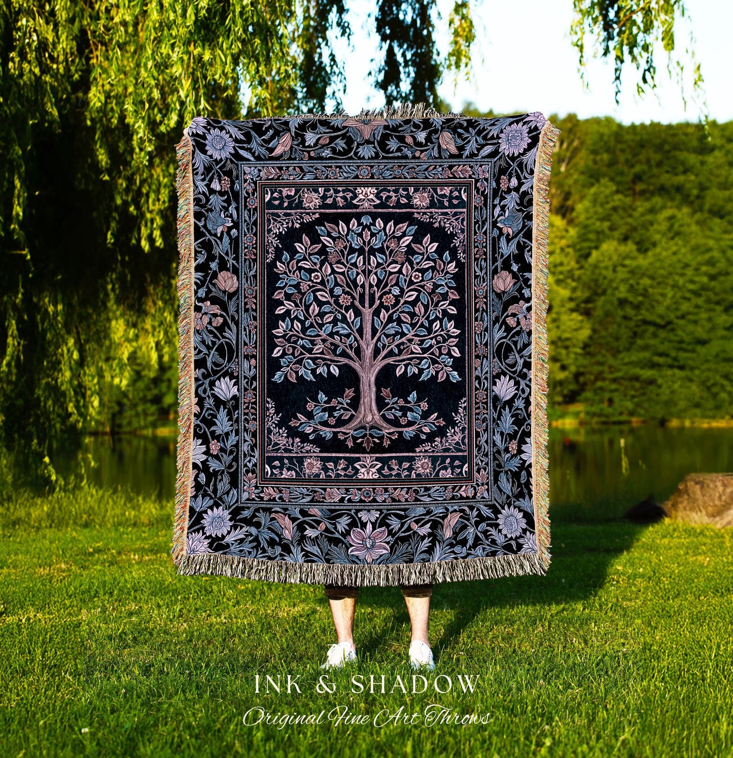 Whimsical Lavender Tree of Life Throw Blanket Woven Cotton Wall Tapestry